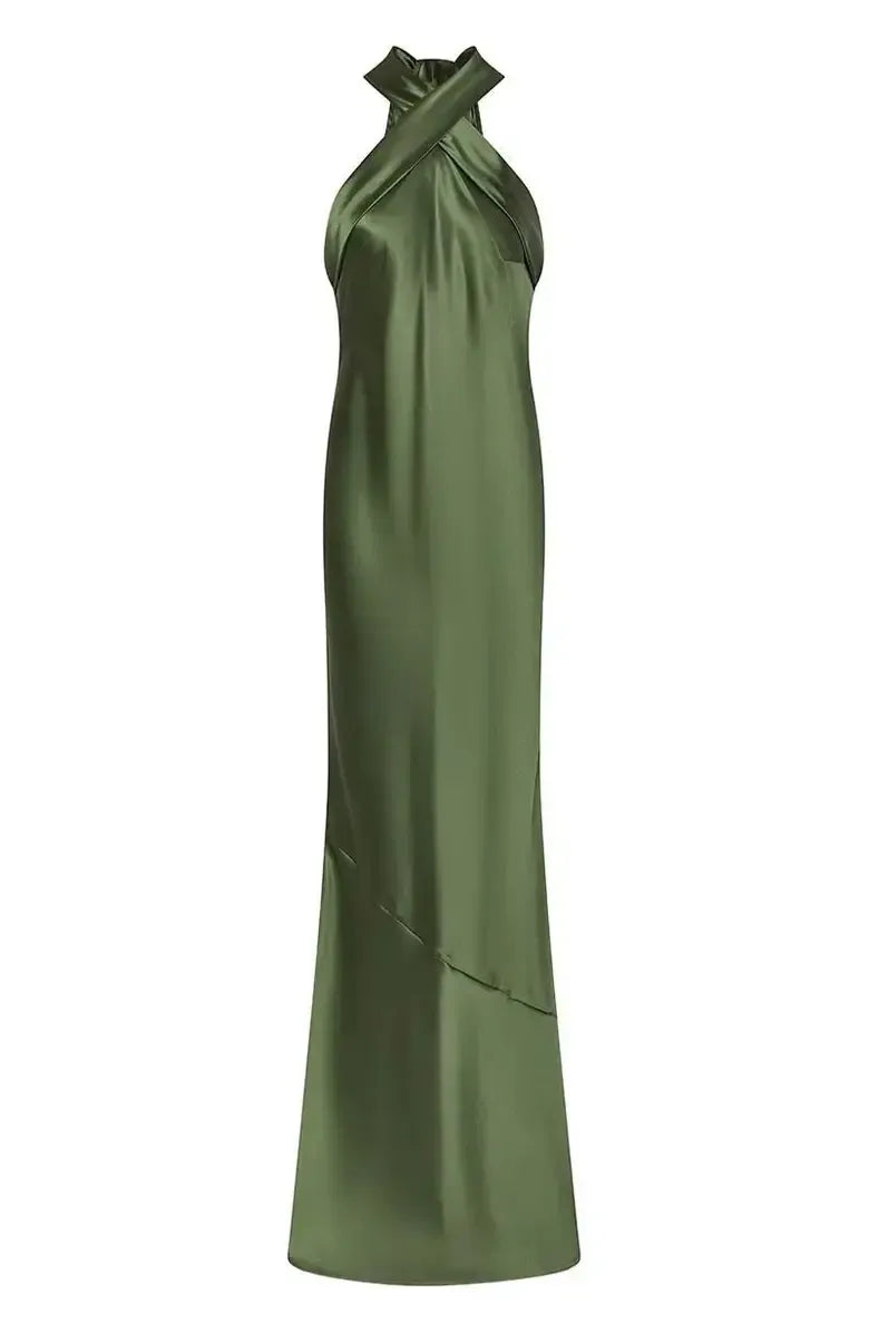 Refined Beautiful Elegant Emerald Green Satin Sheath Halter Sleeveless Floor-Length Prom Dress