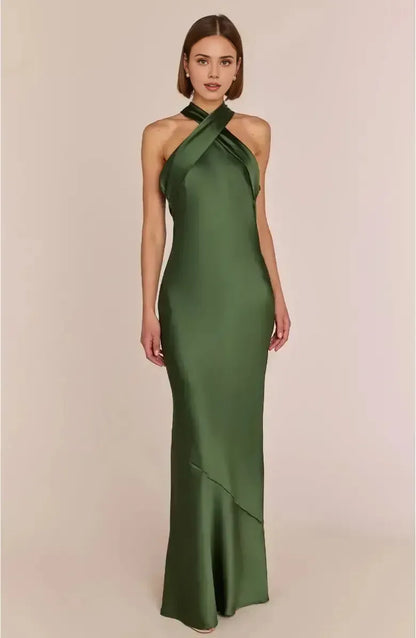Refined Beautiful Elegant Emerald Green Satin Sheath Halter Sleeveless Floor-Length Prom Dress