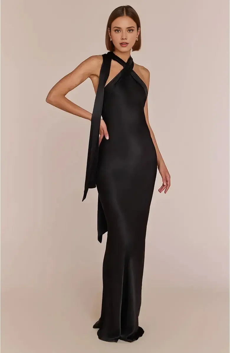 Refined Beautiful Timeless Elegant Black Satin Sheath Halter Sleeveless Floor-Length Prom Dress