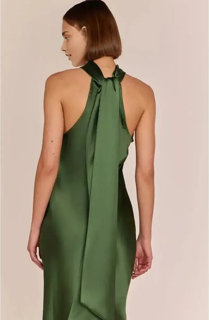 Refined Beautiful Elegant Emerald Green Satin Sheath Halter Sleeveless Floor-Length Prom Dress