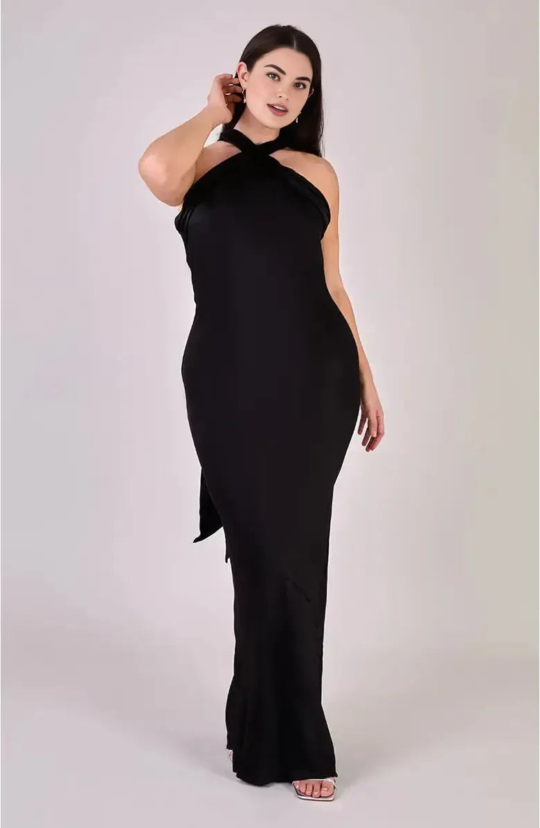 Refined Beautiful Timeless Elegant Black Satin Sheath Halter Sleeveless Floor-Length Prom Dress