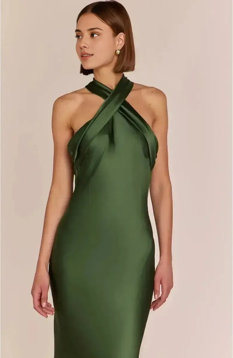 Refined Beautiful Elegant Emerald Green Satin Sheath Halter Sleeveless Floor-Length Prom Dress