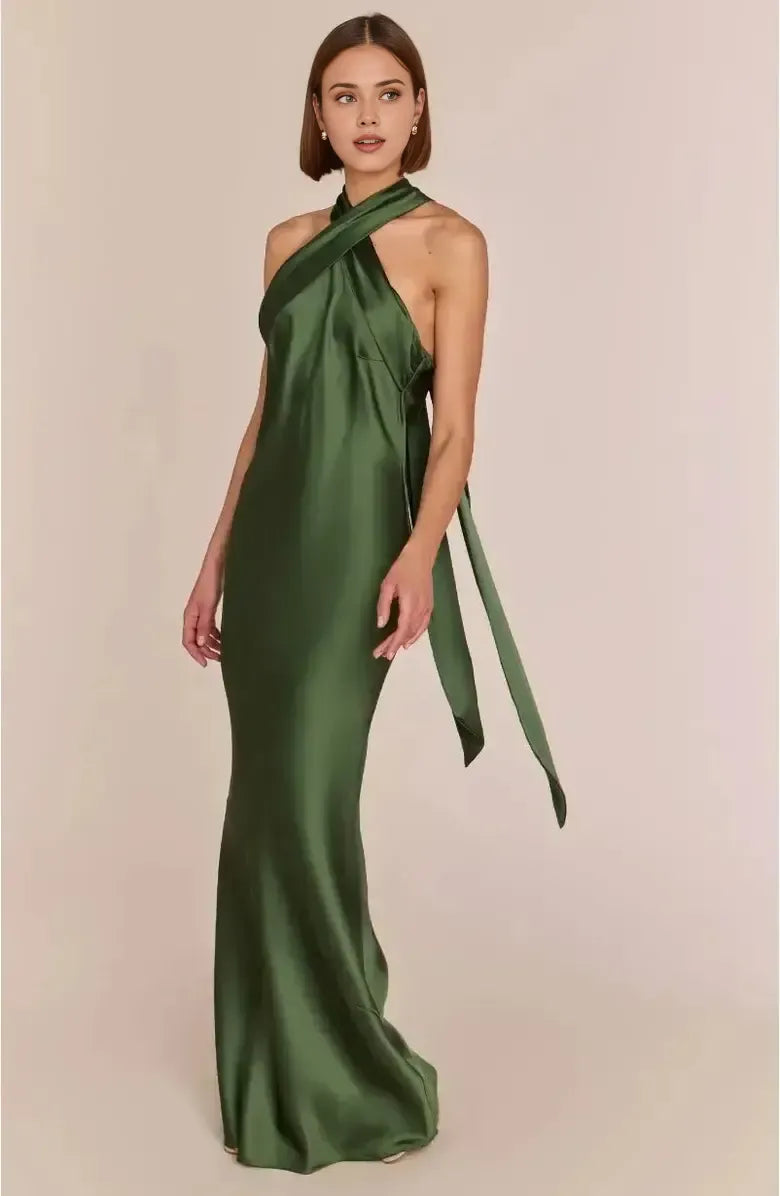 Refined Beautiful Elegant Emerald Green Satin Sheath Halter Sleeveless Floor-Length Prom Dress