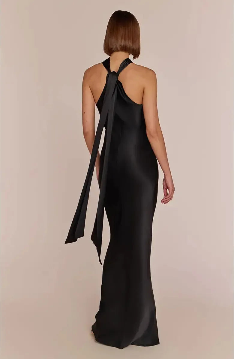 Refined Beautiful Timeless Elegant Black Satin Sheath Halter Sleeveless Floor-Length Prom Dress