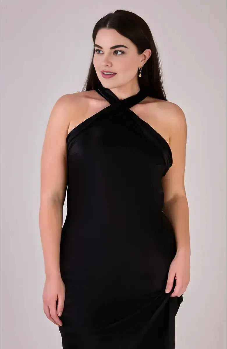 Refined Beautiful Timeless Elegant Black Satin Sheath Halter Sleeveless Floor-Length Prom Dress