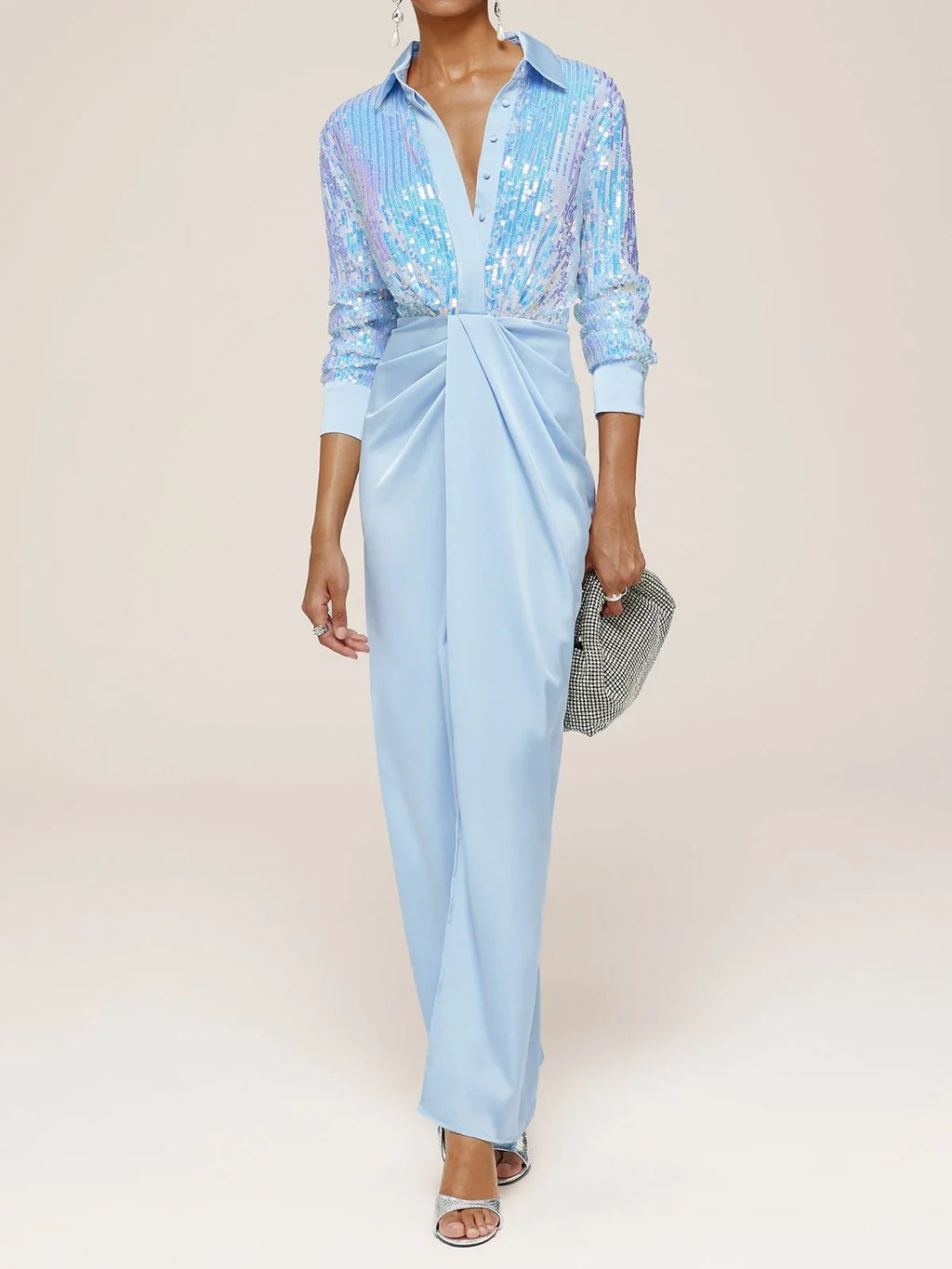 Timeless Chic Elegant Light Blue Satin Sheath Long Sleeve Floor-Length Prom Dress