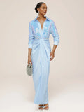 Timeless Chic Elegant Light Blue Satin Sheath Long Sleeve Floor-Length Prom Dress