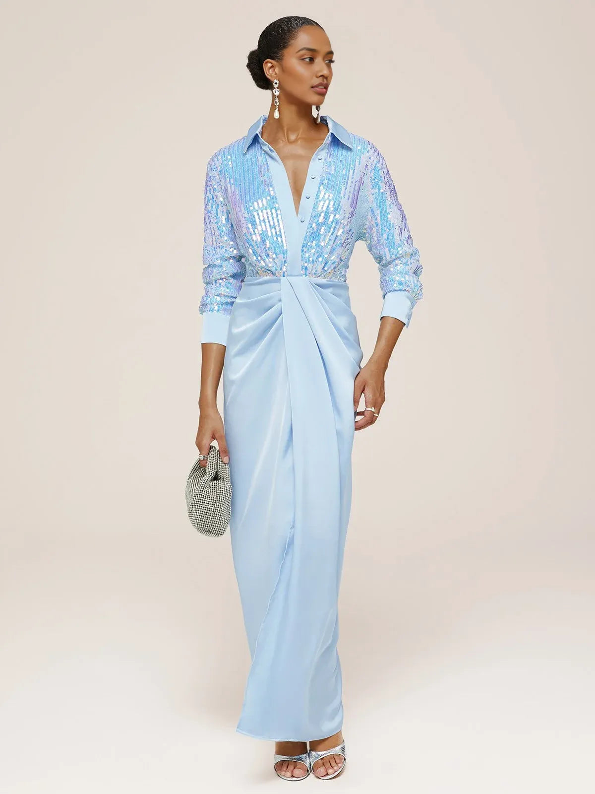 Timeless Chic Elegant Light Blue Satin Sheath Long Sleeve Floor-Length Prom Dress