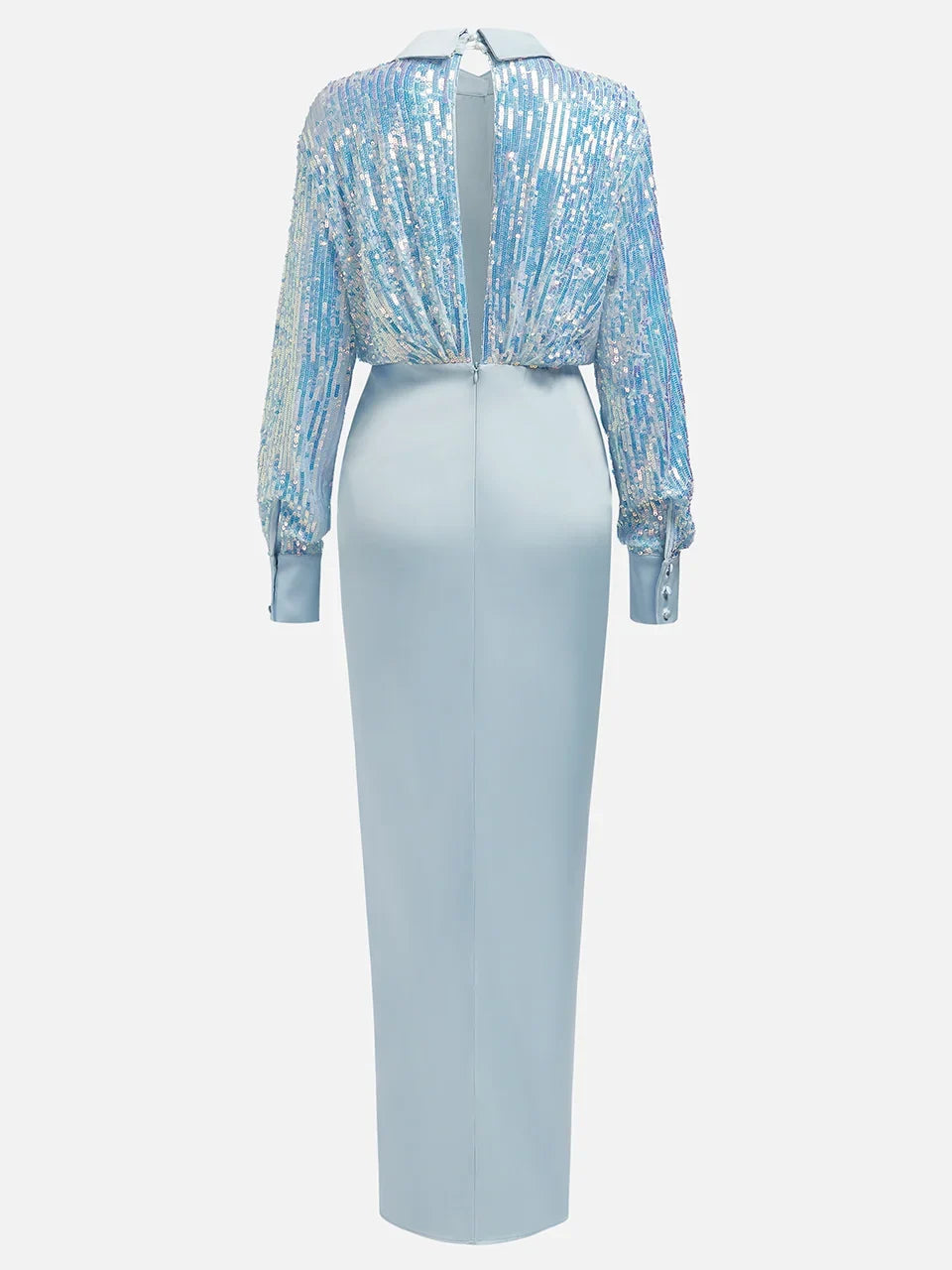 Timeless Chic Elegant Light Blue Satin Sheath Long Sleeve Floor-Length Prom Dress