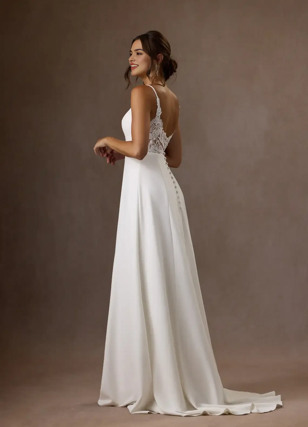 White Unique Spaghetti Strap A-Line V-Neck Sequins Wedding Dress Plunging Flowy Silhouette