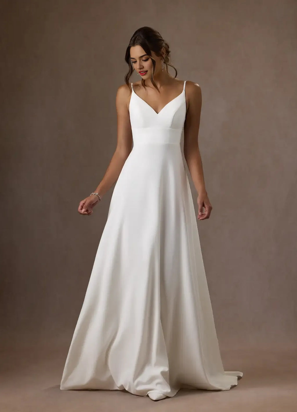 White Unique Spaghetti Strap A-Line V-Neck Sequins Wedding Dress Plunging Flowy Silhouette
