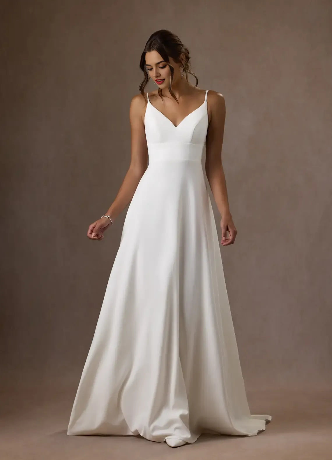 White Unique Spaghetti Strap A-Line V-Neck Sequins Wedding Dress Plunging Flowy Silhouette