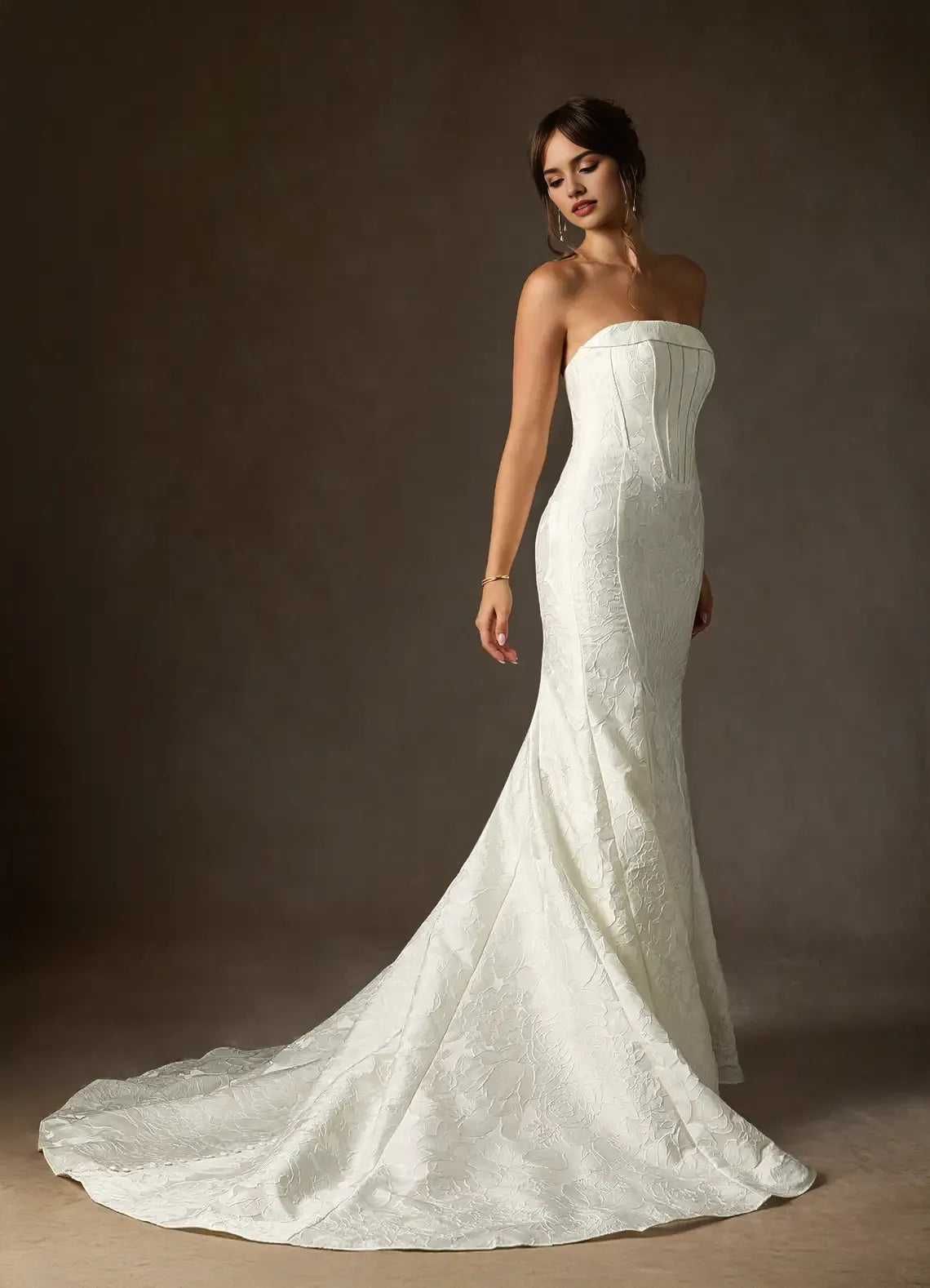 White Unique Mermaid Strapless Floral Jacquard Wedding Dresses Neckline Sculpted Corset Fit Detailing Mermaid Train