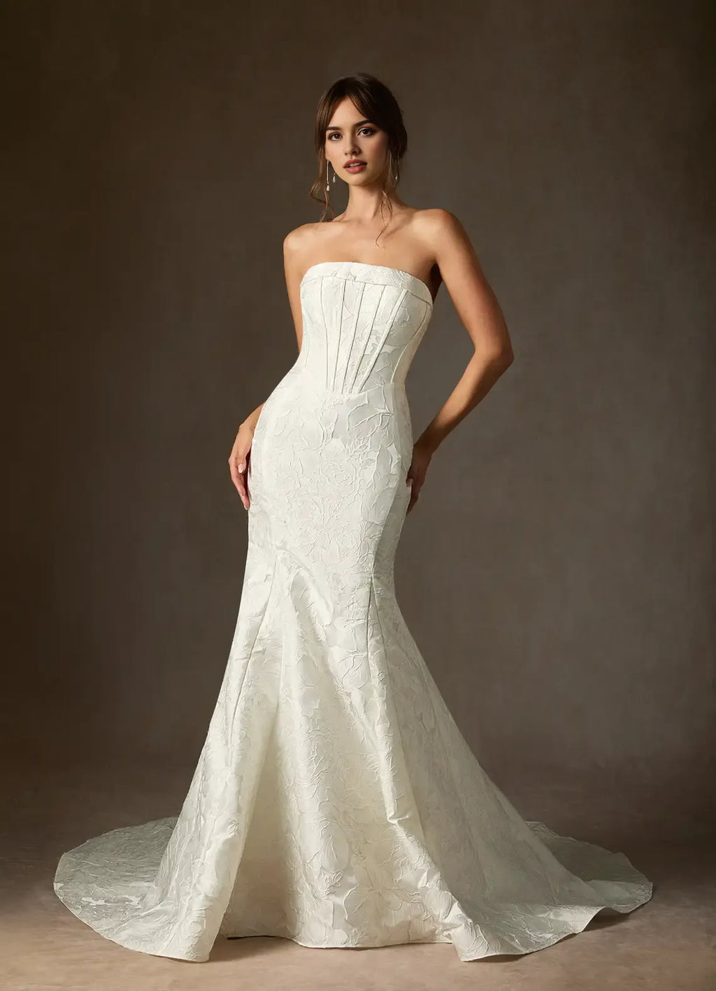 White Unique Mermaid Strapless Floral Jacquard Wedding Dresses Neckline Sculpted Corset Fit Detailing Mermaid Train
