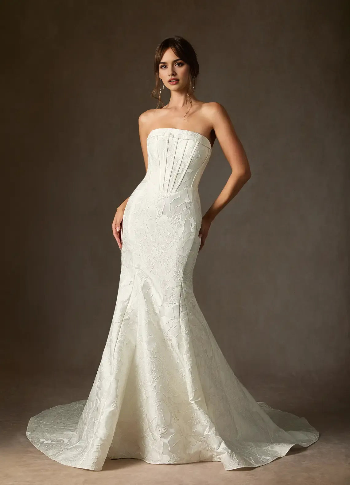 White Unique Mermaid Strapless Floral Jacquard Wedding Dresses Neckline Sculpted Corset Fit Detailing Mermaid Train