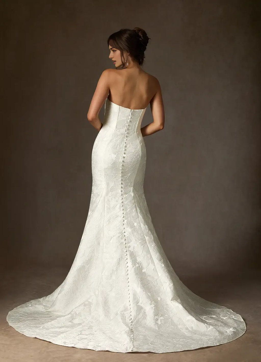 White Unique Mermaid Strapless Floral Jacquard Wedding Dresses Neckline Sculpted Corset Fit Detailing Mermaid Train