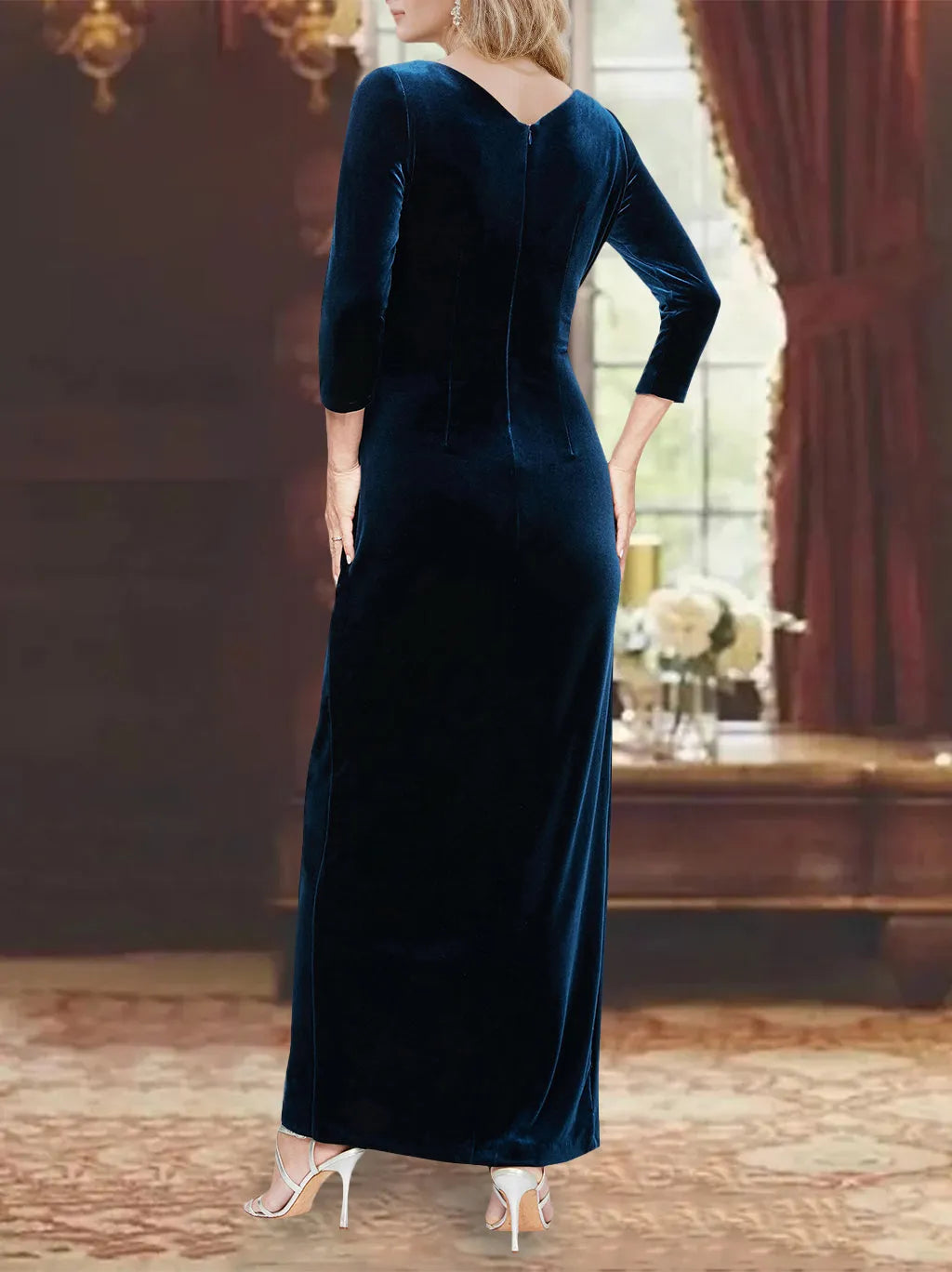 V-Neck 3/4 Length Sleeves Asymmetrical Mother of the Bride Dresses with Ruffles
