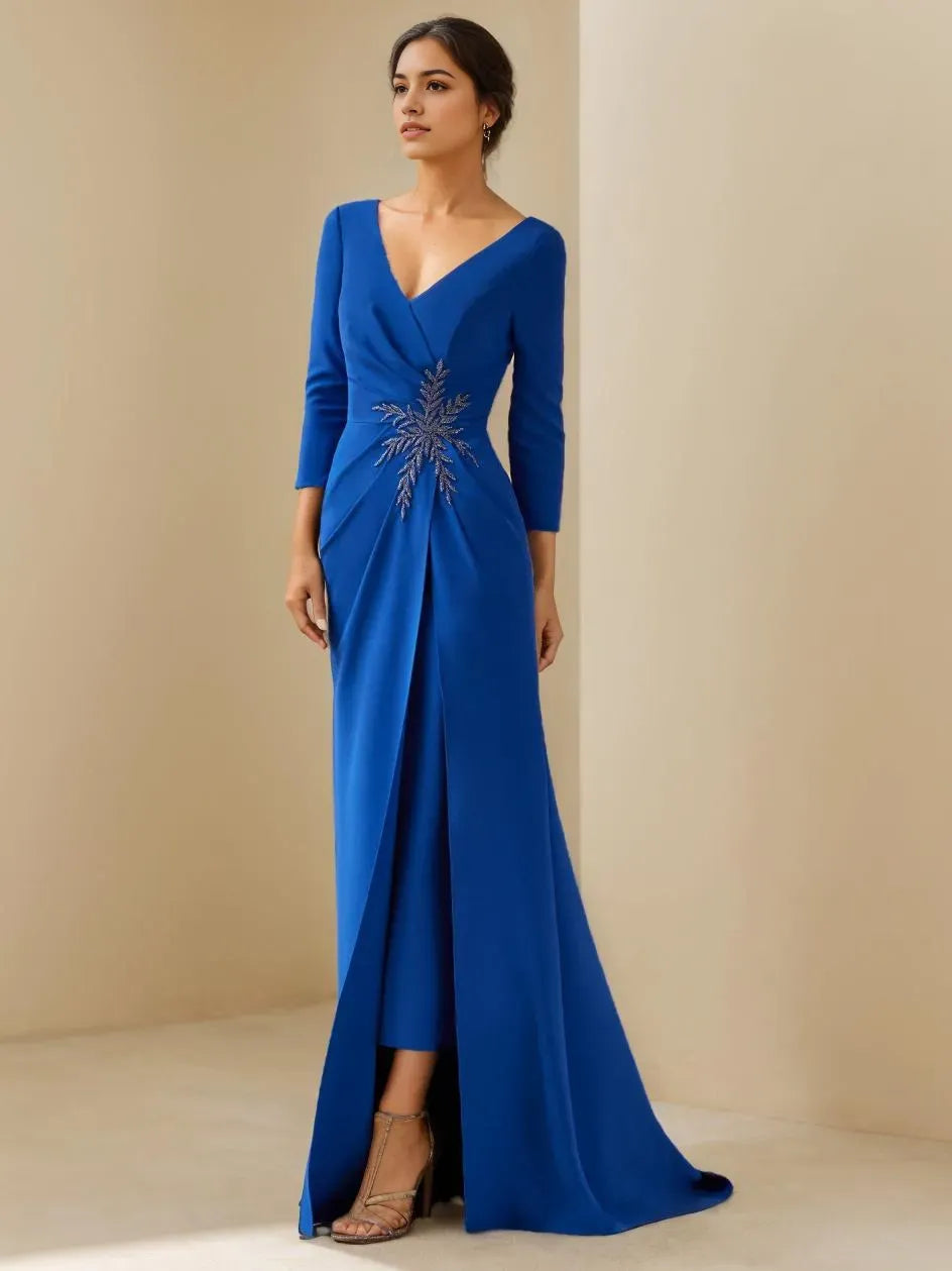 V-Neck 3/4 Length Sleeves Floor-Length Mother of the Bride Dresses With Ruffles, Appliques