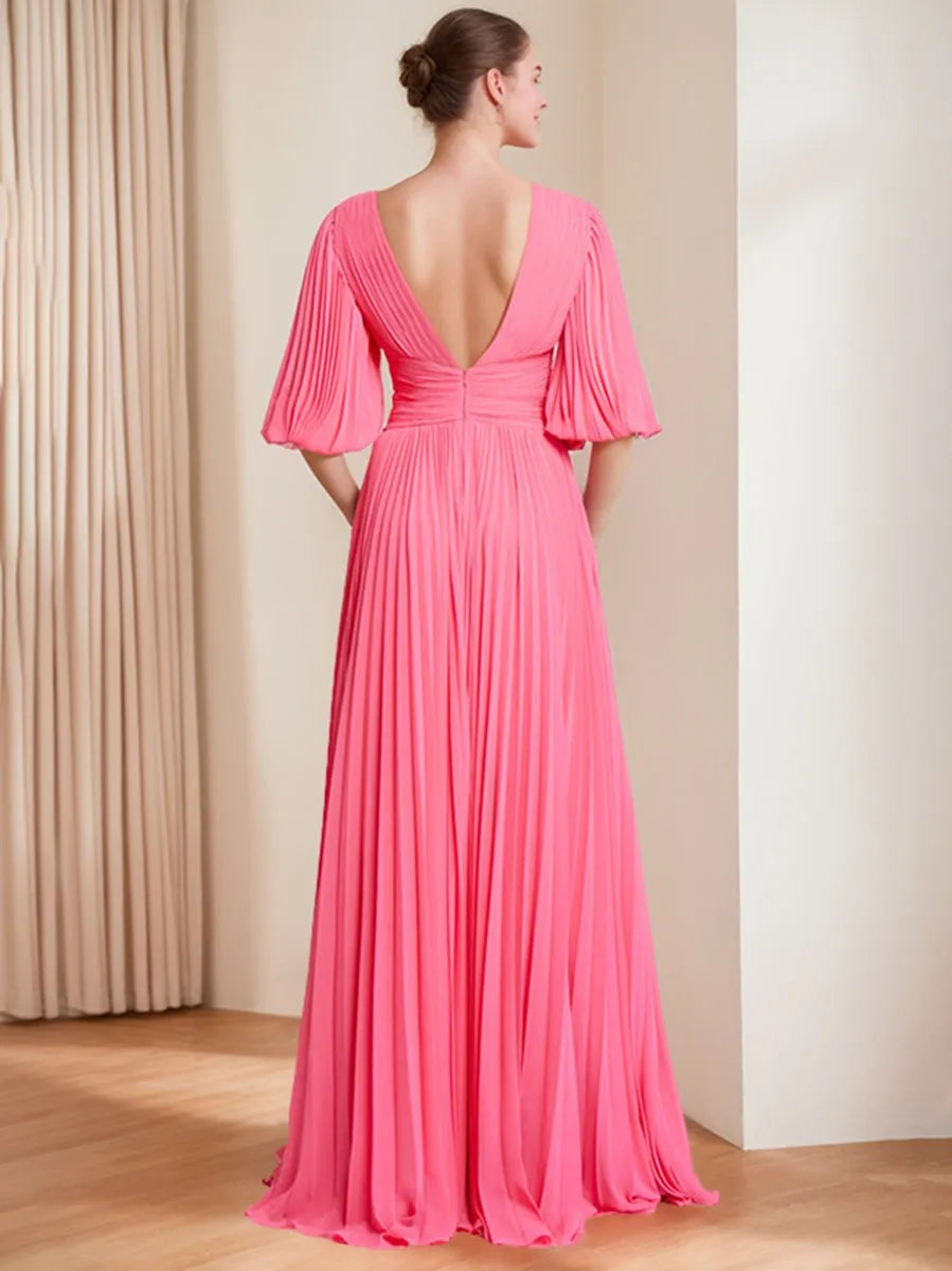 V-Neck 3/4 Sleeves Pleated Chic Mother of the Bride Groom Dresses