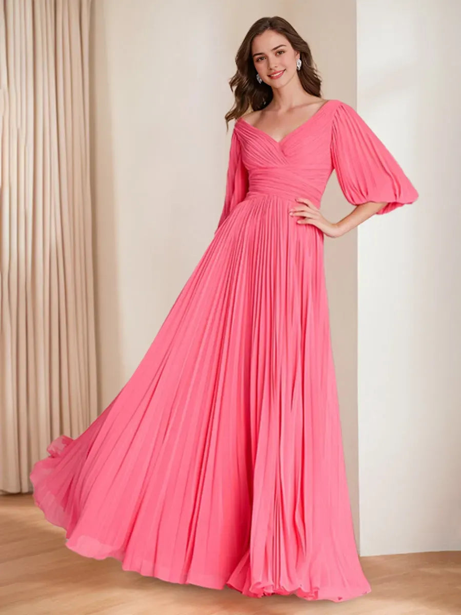 V-Neck 3/4 Sleeves Pleated Chic Mother of the Bride Groom Dresses