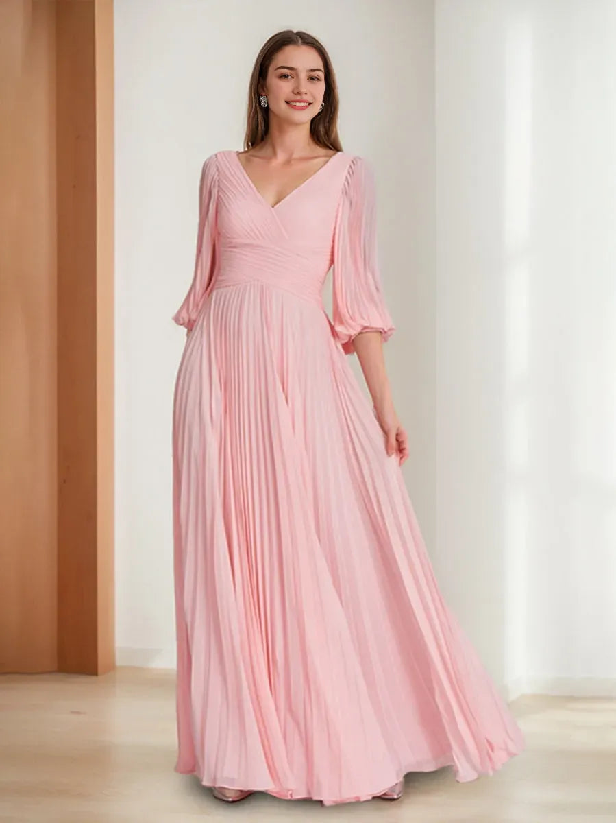 V-Neck 3/4 Sleeves Pleated Chic Mother of the Bride Groom Dresses