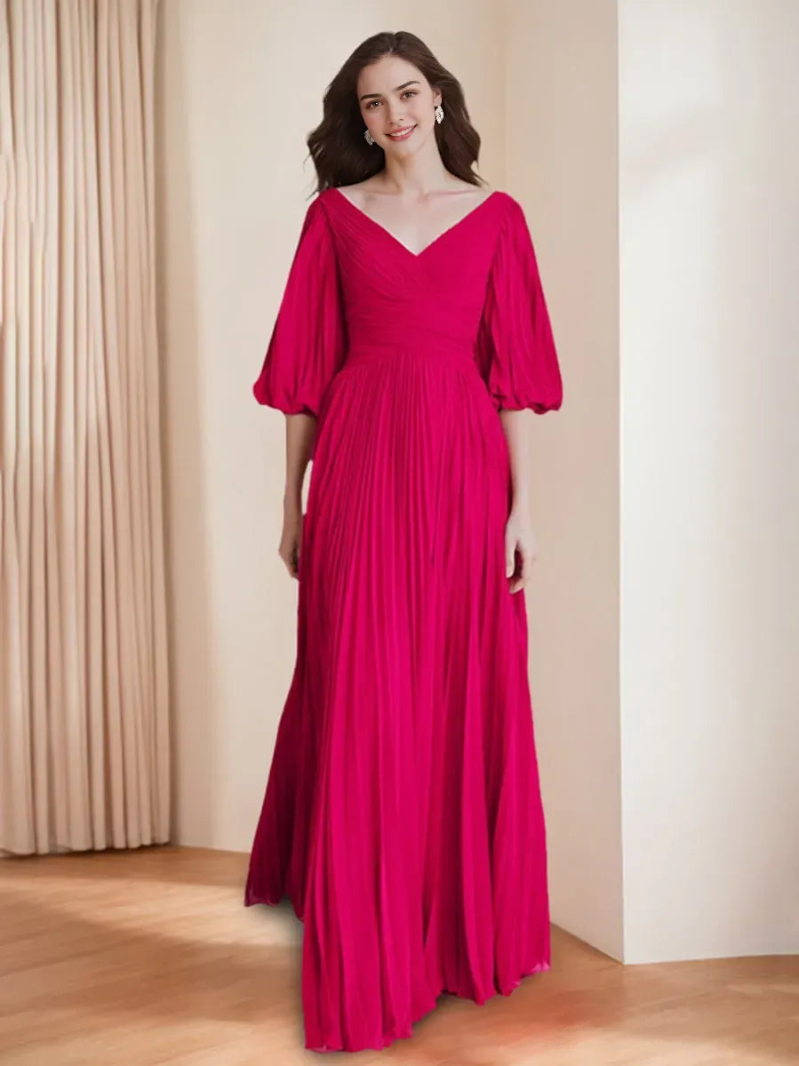 V-Neck 3/4 Sleeves Pleated Chic Mother of the Bride Groom Dresses