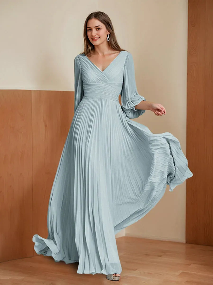 V-Neck 3/4 Sleeves Pleated Chic Mother of the Bride Groom Dresses