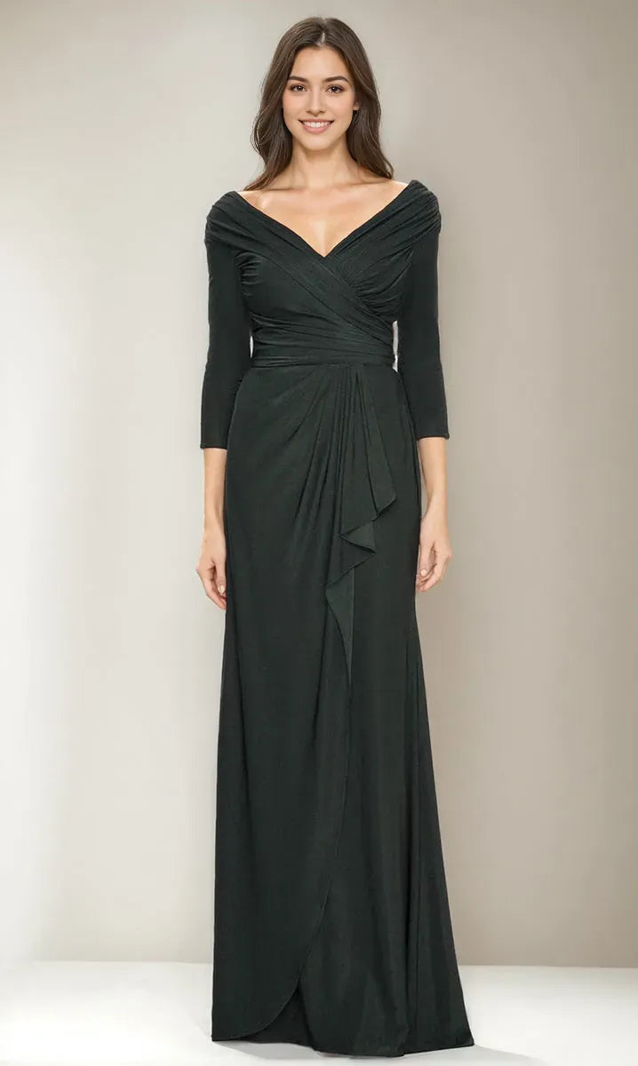 V-Neck 3/4 Sleeves Ruched Mother Of The Bride Groom Dresses with Ruffles