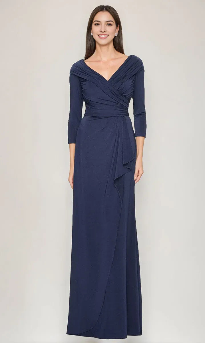 V-Neck 3/4 Sleeves Ruched Mother Of The Bride Groom Dresses with Ruffles