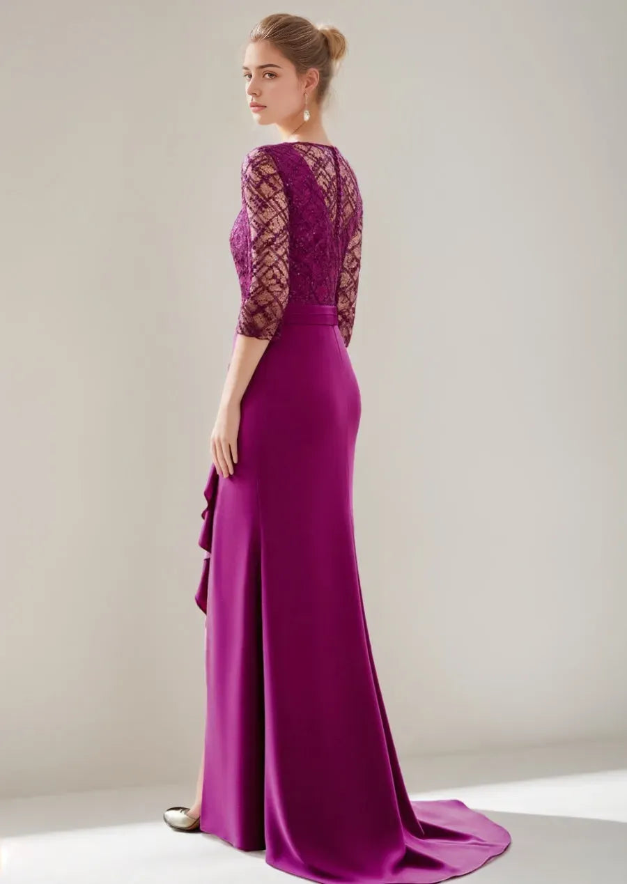 V-Neck Floor-Length Mother of the Bride Dresses with Slit Ruffles
