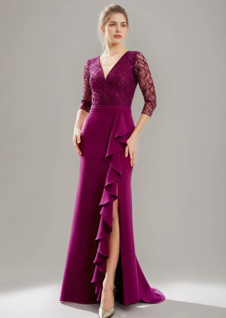 V-Neck Floor-Length Mother of the Bride Dresses with Slit Ruffles