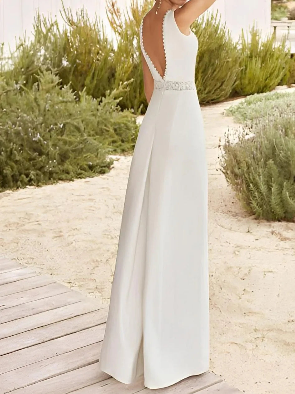 V-Neck Floor-Length Wedding Dress With Sash