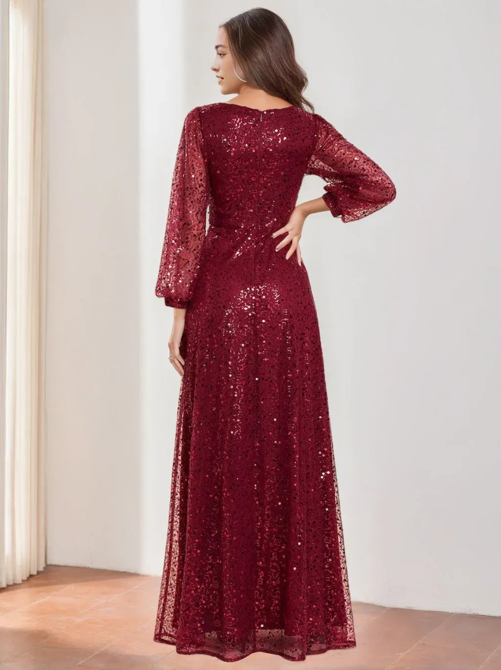 V-Neck Long Lantern Sleeves Floor Length Mother of the Bride Dresses
