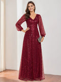V-Neck Long Lantern Sleeves Floor Length Mother of the Bride Dresses