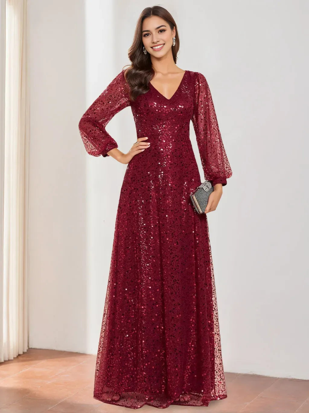 V-Neck Long Lantern Sleeves Floor Length Mother of the Bride Dresses