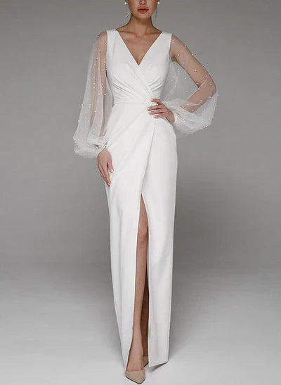 V-Neck Long Sleeve Floor-Length Wedding Dresses