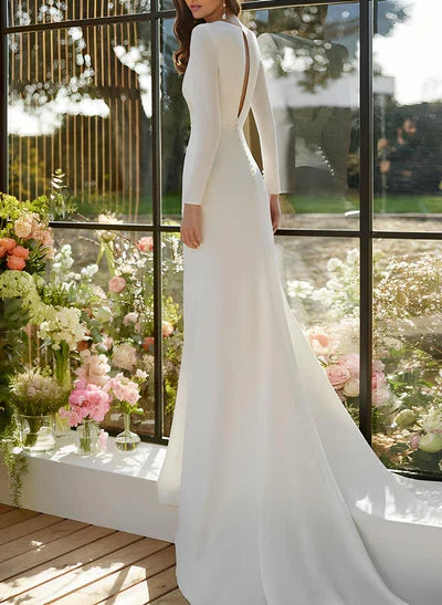 V-Neck Long Sleeves Court Train Elastic Wedding Dresses Split Front