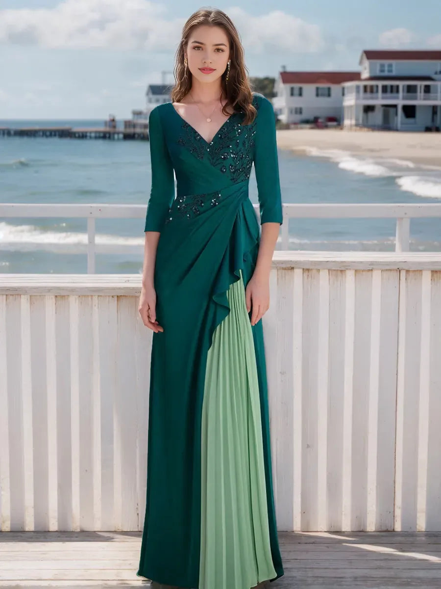 V-Neck Long Sleeves Elegant Mother of the Bride Groom Dresses with Appliques Ruffles