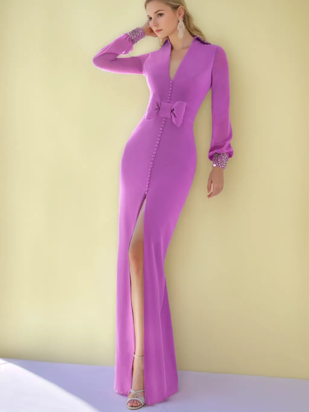 V-Neck Long Sleeves Floor-Length Mother of the Bride Dresses with Split Side Bottons