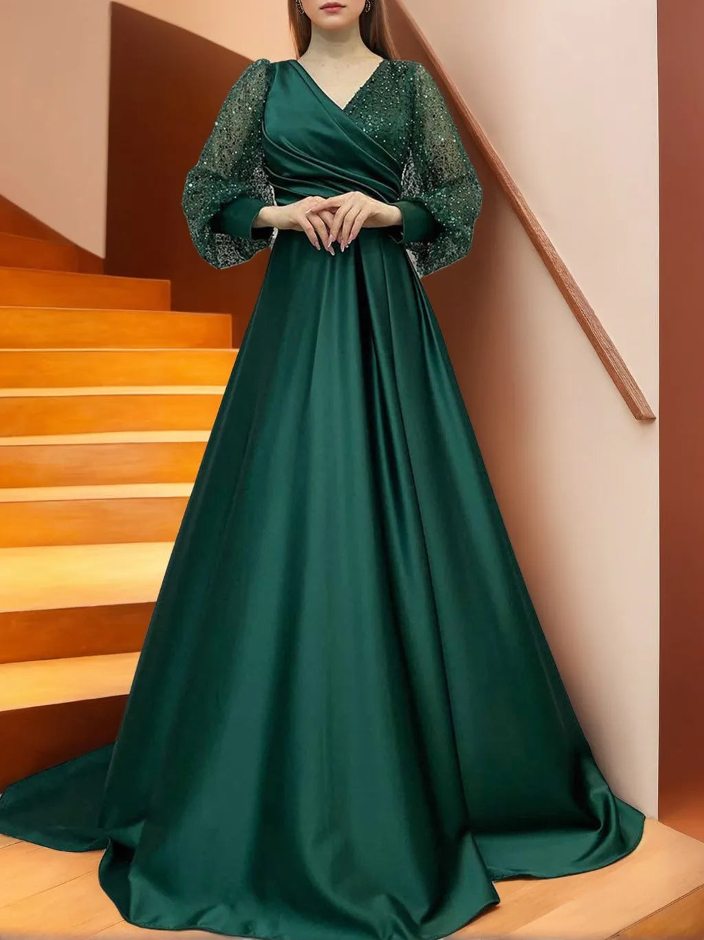 V-Neck Long Sleeves Floor Length Long Mother of the Bride Dresses With Sequins Ruffles