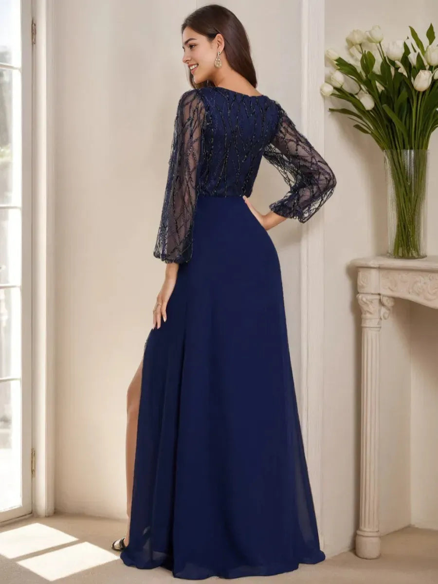 V-Neck Long Sleeves Floor Length Mother of the Bride Dresses with Split