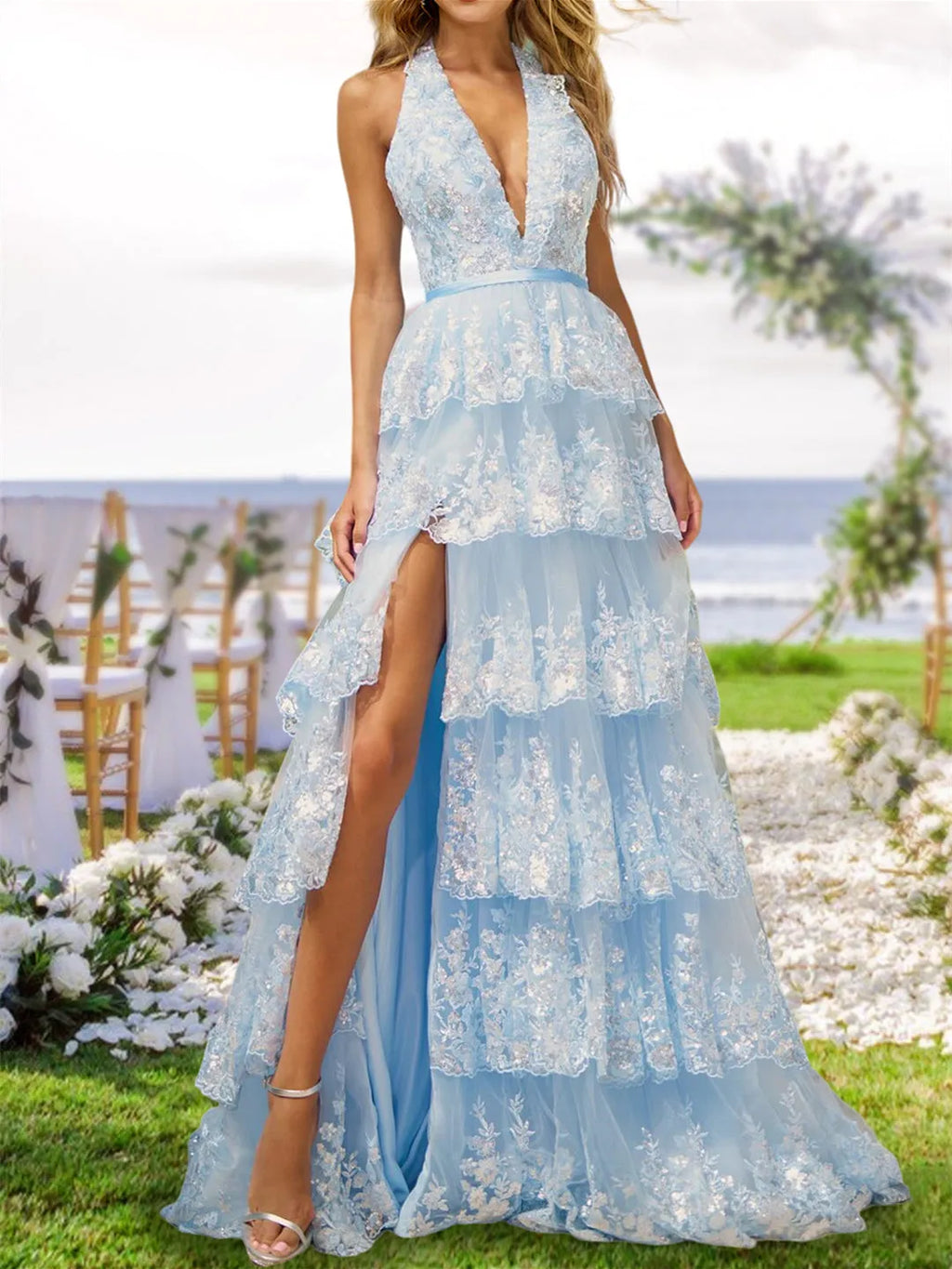 V-Neck Long Tiered Prom Evening Party Dresses with Sequins Split Side