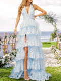V-Neck Long Tiered Prom Evening Party Dresses with Sequins Split Side