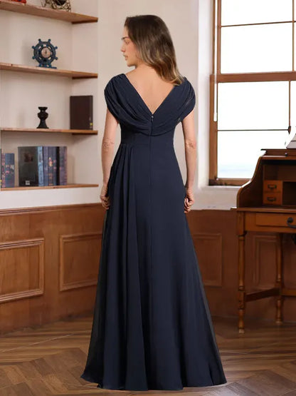 Elegant Red Applique A-Line V-Neck Classic-Sleeve Classic-Back Floor-Length Mother-of-the-Bride Dress