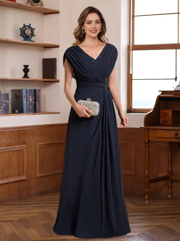 Elegant Red Applique A-Line V-Neck Classic-Sleeve Classic-Back Floor-Length Mother-of-the-Bride Dress