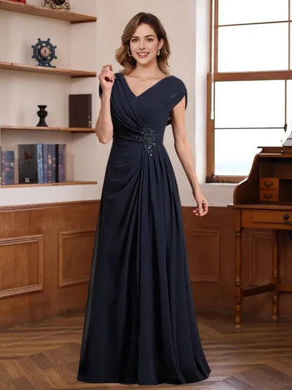 Elegant Red Applique A-Line V-Neck Classic-Sleeve Classic-Back Floor-Length Mother-of-the-Bride Dress