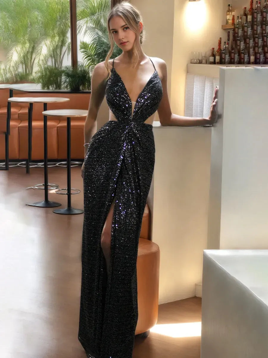 V-Neck Sexy Floor-Length Prom Dresses with High Split