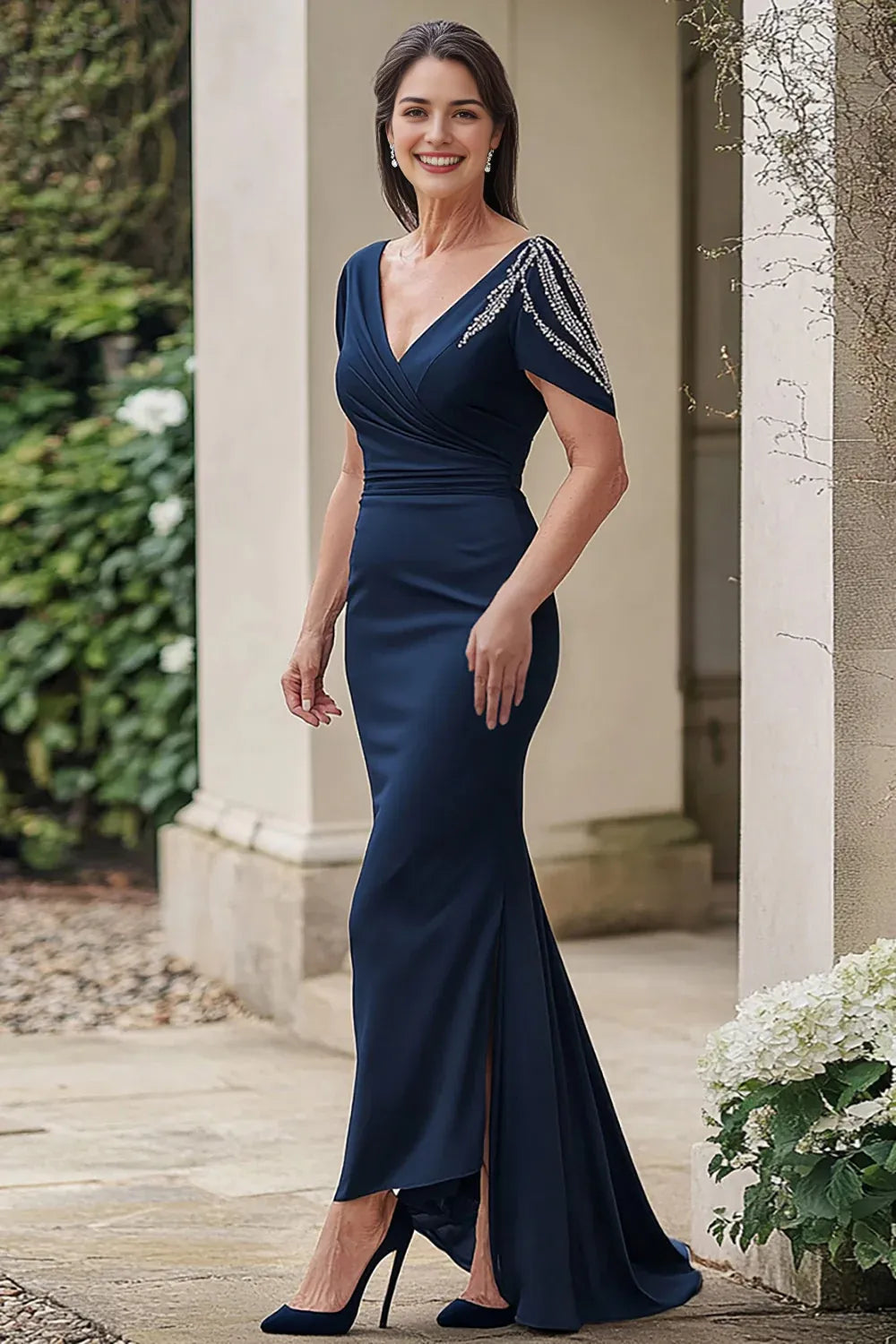 Navy V-Neck Sheath Floor Length Mother of the Bride Dress