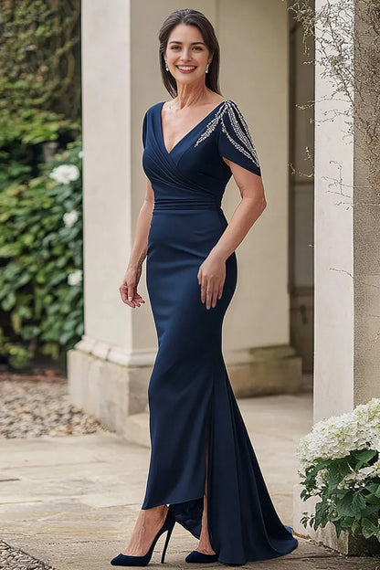 Elegant Red Beaded Sheath V-Neck Classic-Sleeve Classic-Back Floor-Length Mother-of-the-Bride Dress