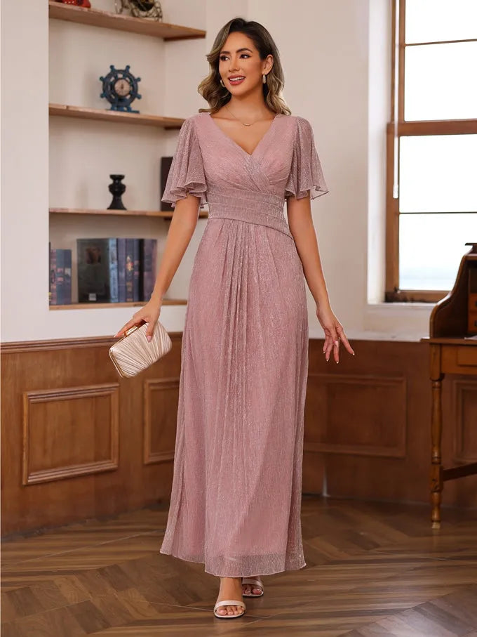 V-Neck Short Sleeves Ankle-Length Unique Mother of the Bride Dresses with Ruffles